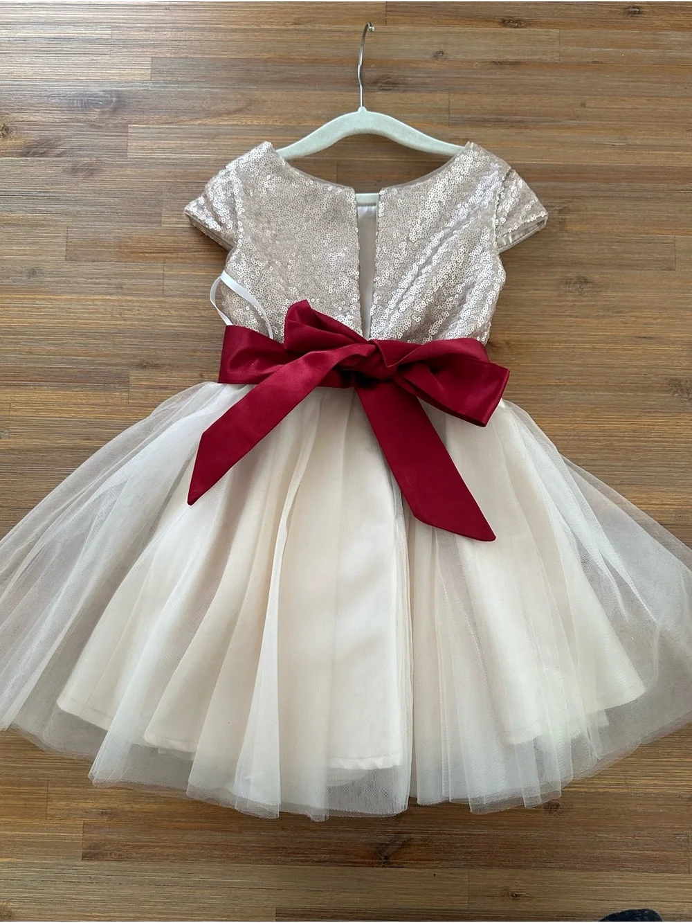 Azazie Champagne Sequin Bodice Ivory Tulle Dress with Burgundy Sash